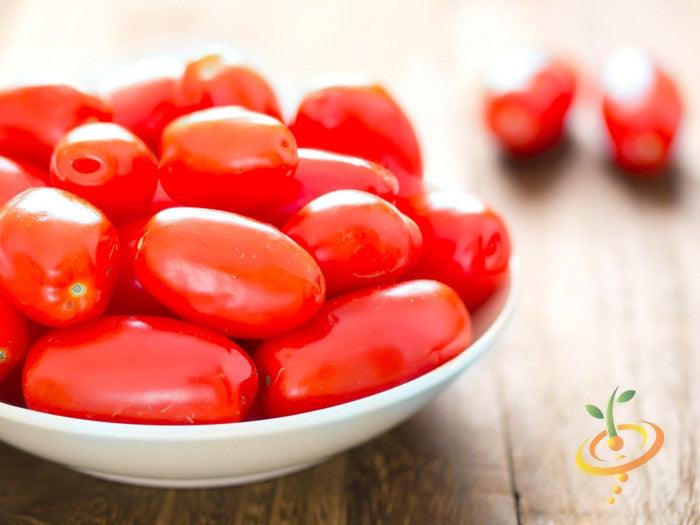 Tomato Roma seeds | Bowl of fresh red Roma tomatoes on wooden surface with logo